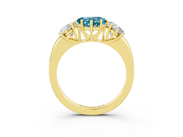 Yellow gold Heart Cut Blue Topaz Three-Stone Ring with Four-Prong Setting and Classic Band