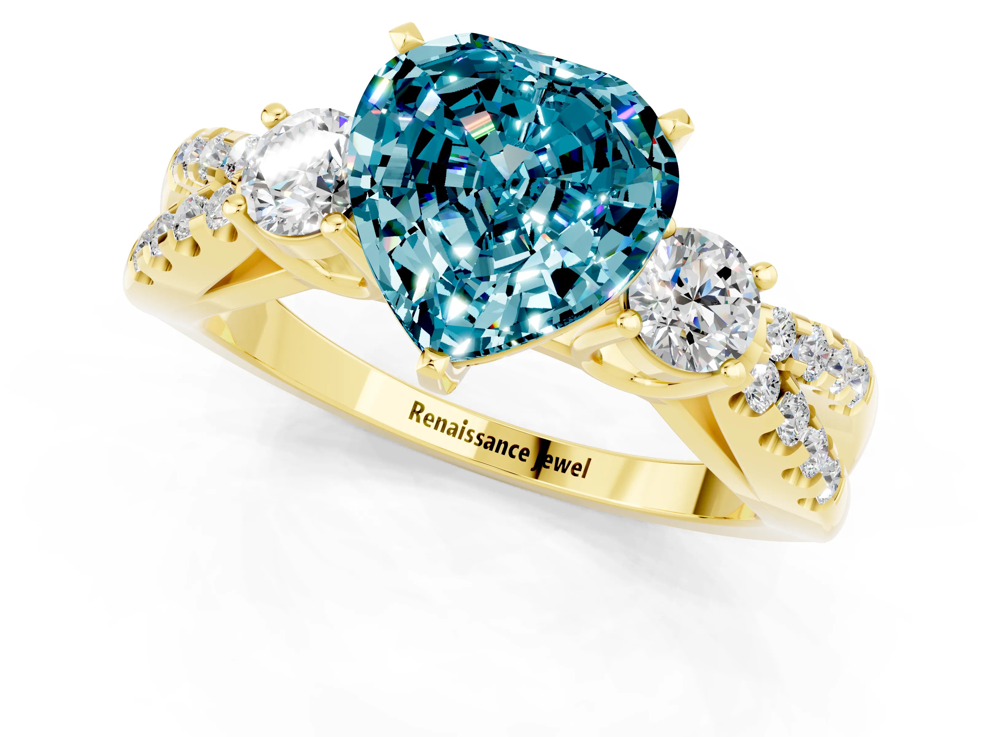 Yellow gold Heart Cut Blue Topaz Three-Stone Ring with Pavé Split Shank and Four-Prong Setting_1