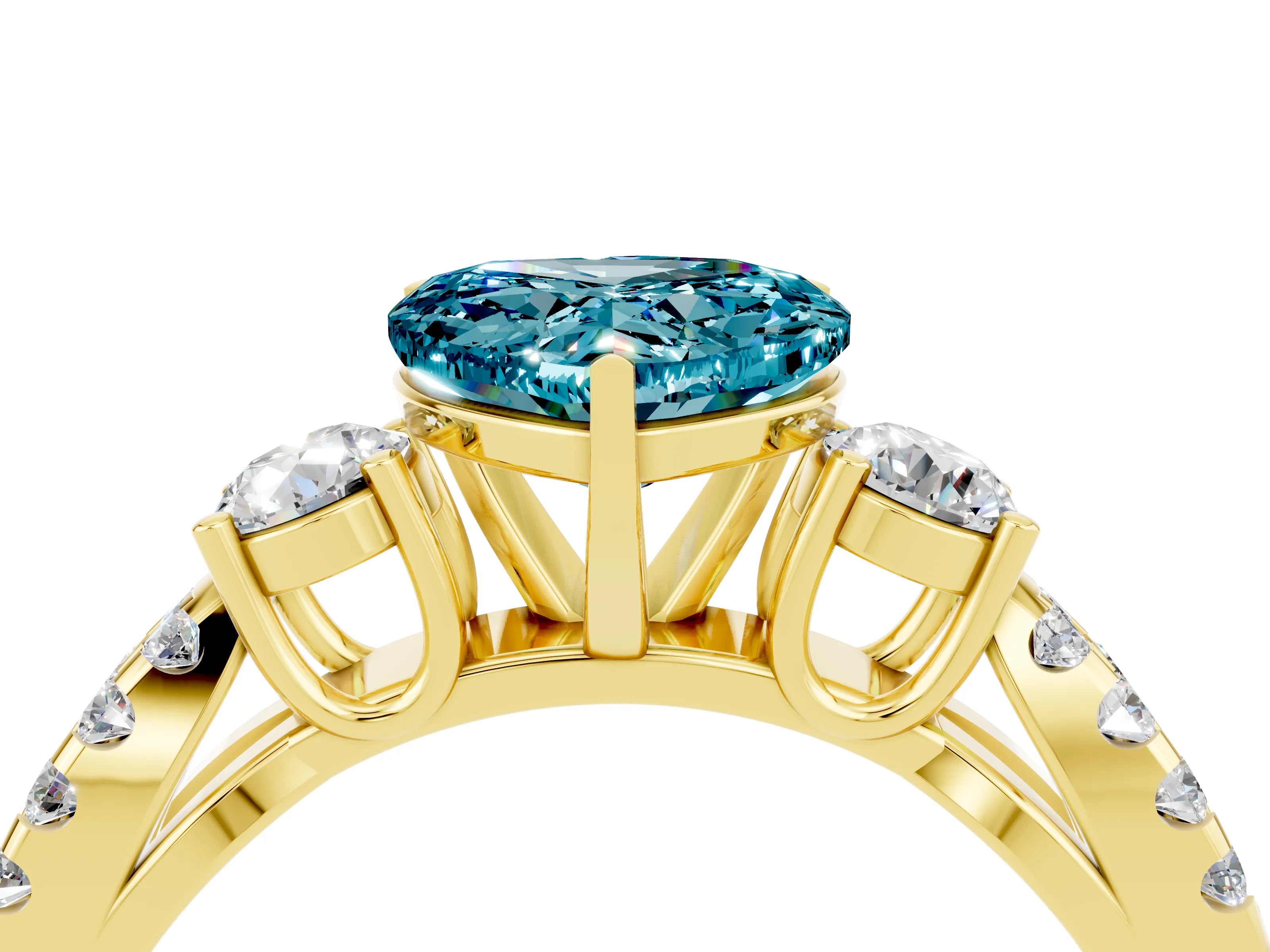 Yellow gold Heart Cut Blue Topaz Three-Stone Ring with Pavé Split Shank and Four-Prong Setting_4