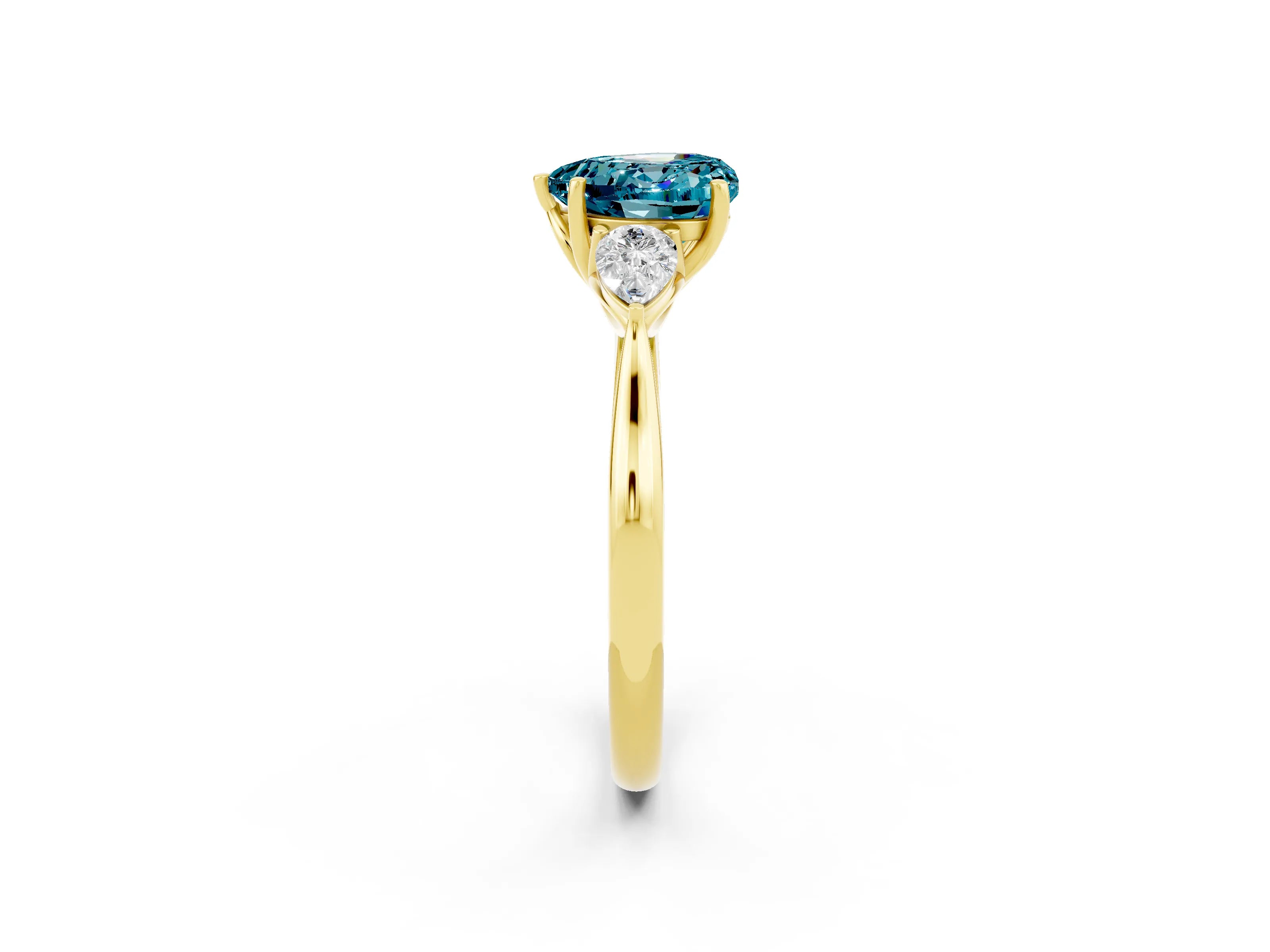Yellow gold Heart Cut Blue Topaz Three-Stone Ring with Pear Side Stones and Four-Prong Setting_14