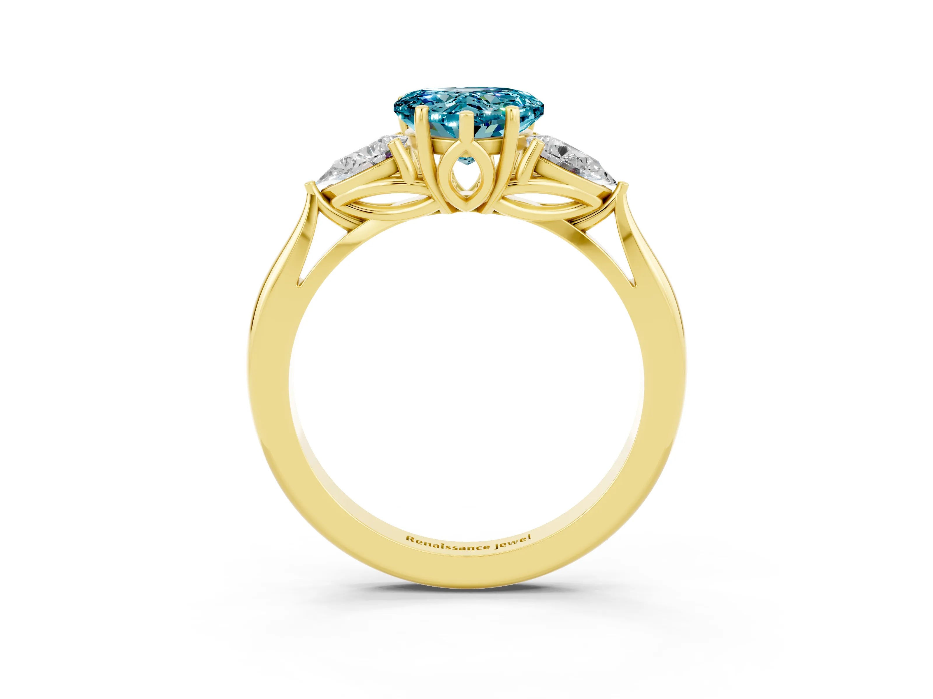Yellow gold Heart Cut Blue Topaz Three-Stone Ring with Pear Side Stones and Four-Prong Setting_15