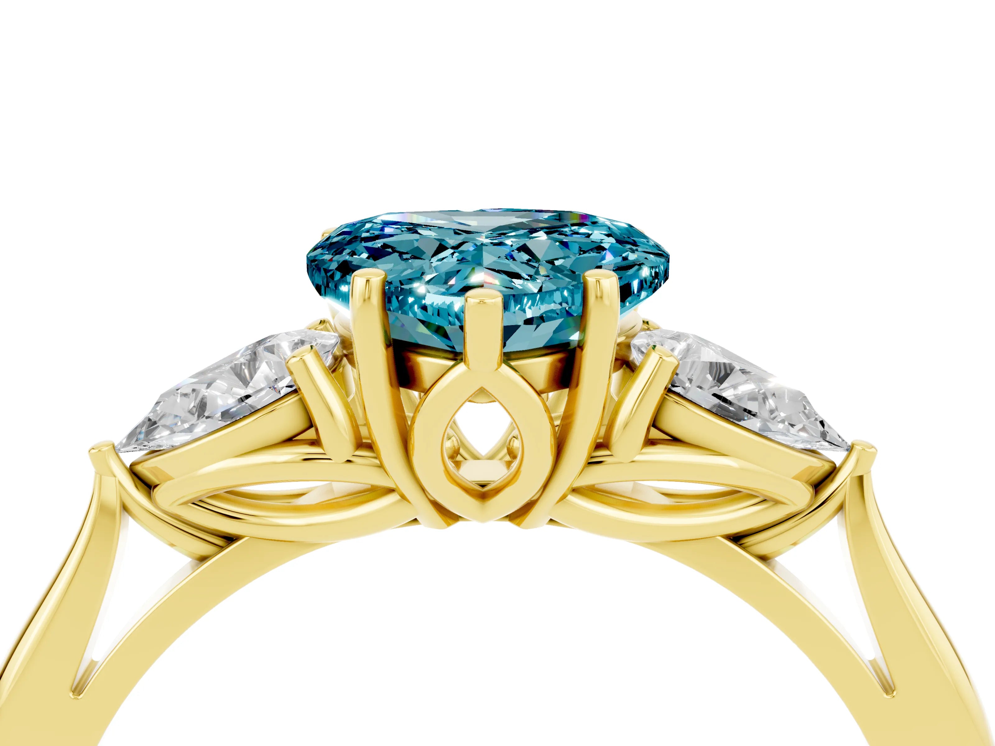 Yellow gold Heart Cut Blue Topaz Three-Stone Ring with Pear Side Stones and Four-Prong Setting_16