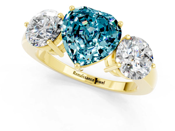 Yellow gold Heart Cut Blue Topaz Three-Stone Ring with Prong Setting and Classic Band
