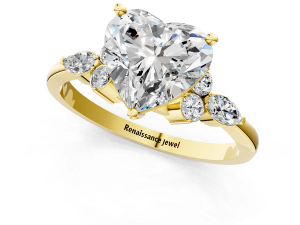 Yellow gold Heart Cut Brilliant Diamond Solitaire Ring with Pear Side Stones and Four-Prong Setting
