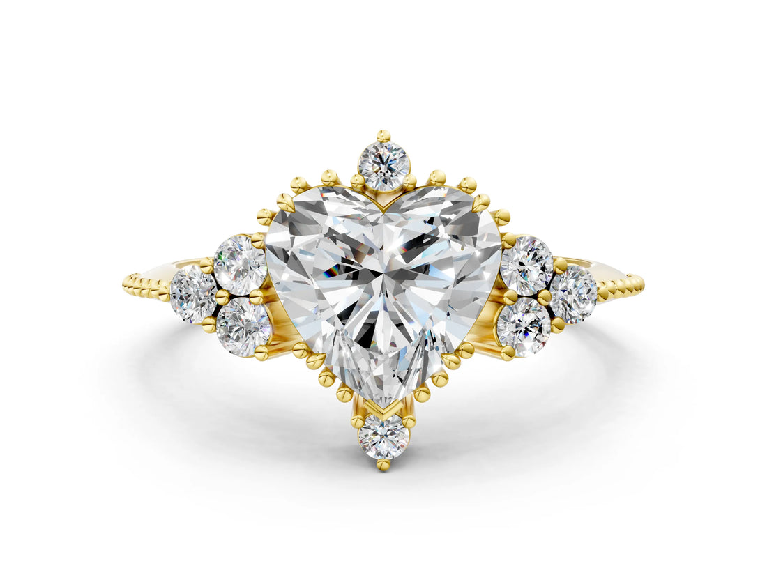 Yellow gold Heart Cut Brilliant Diamond with Cluster Setting on a Beaded Band and Four-Prong Setting_15