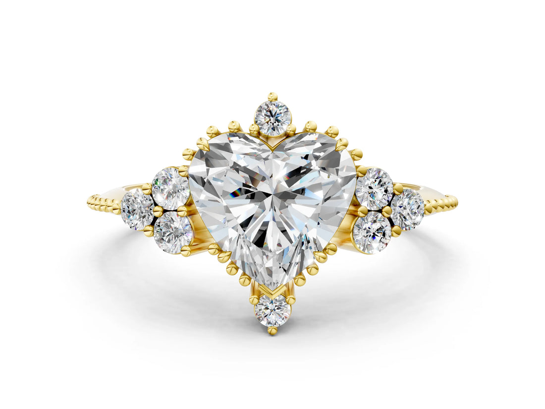 Yellow gold Heart Cut Brilliant Diamond with Cluster Setting on a Beaded Band and Four-Prong Setting_3