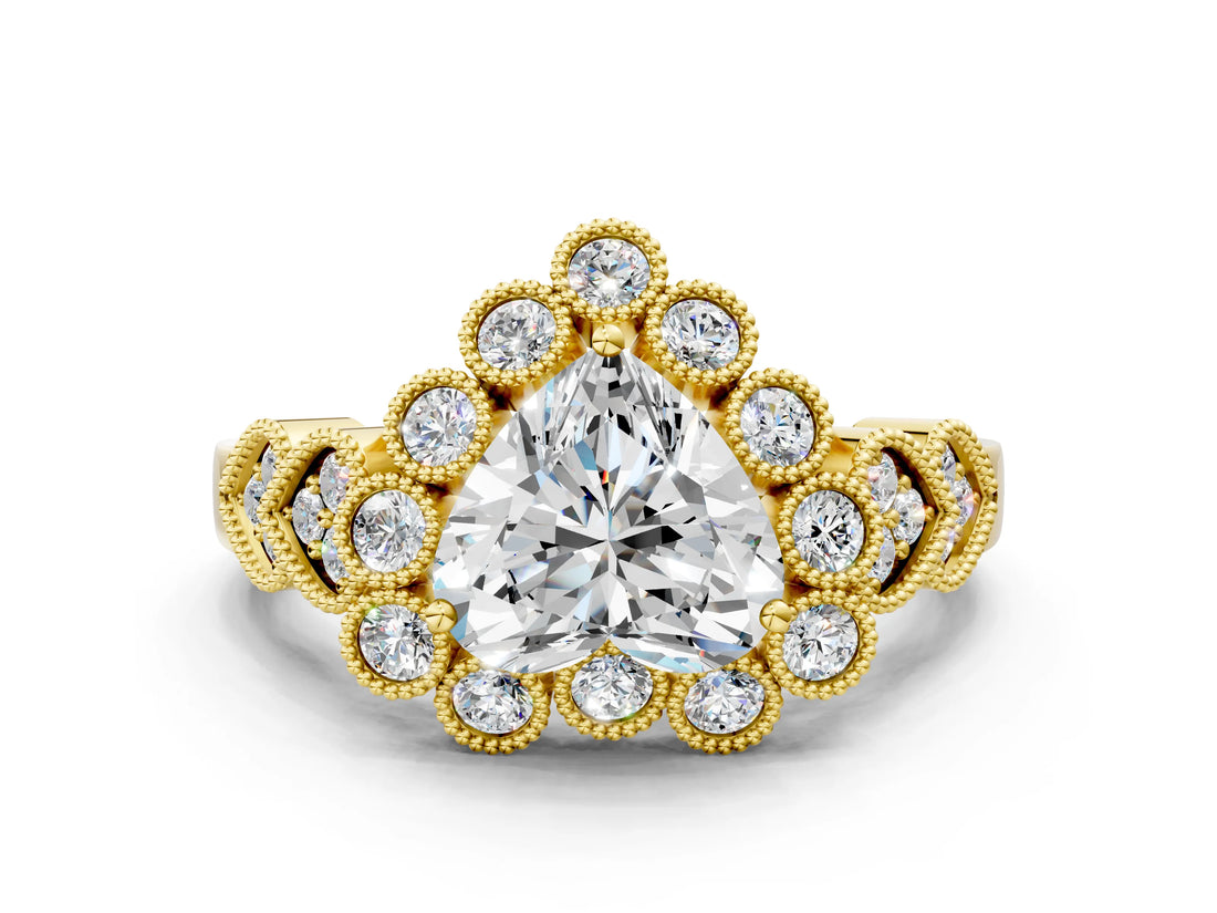 Yellow gold Heart Cut Brilliant Milgrain Pave Heart Band Solitaire Ring_3