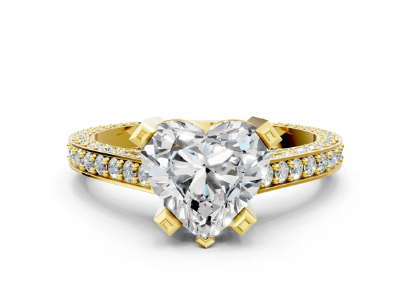 Yellow gold Heart Cut Brilliant Split Shank Pave Solitaire Ring with Four-Prong Setting