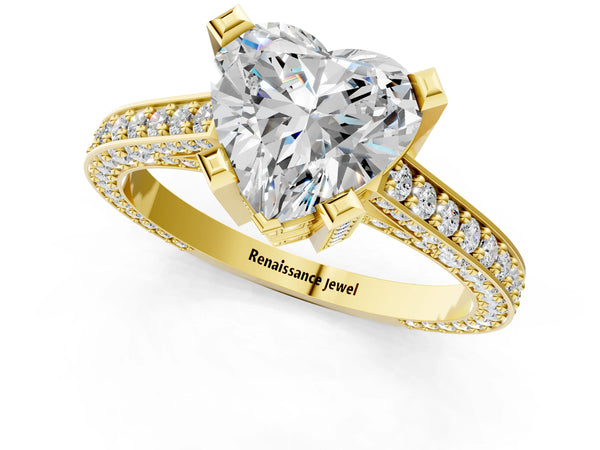 Yellow gold Heart Cut Brilliant Split Shank Pave Solitaire Ring with Four-Prong Setting
