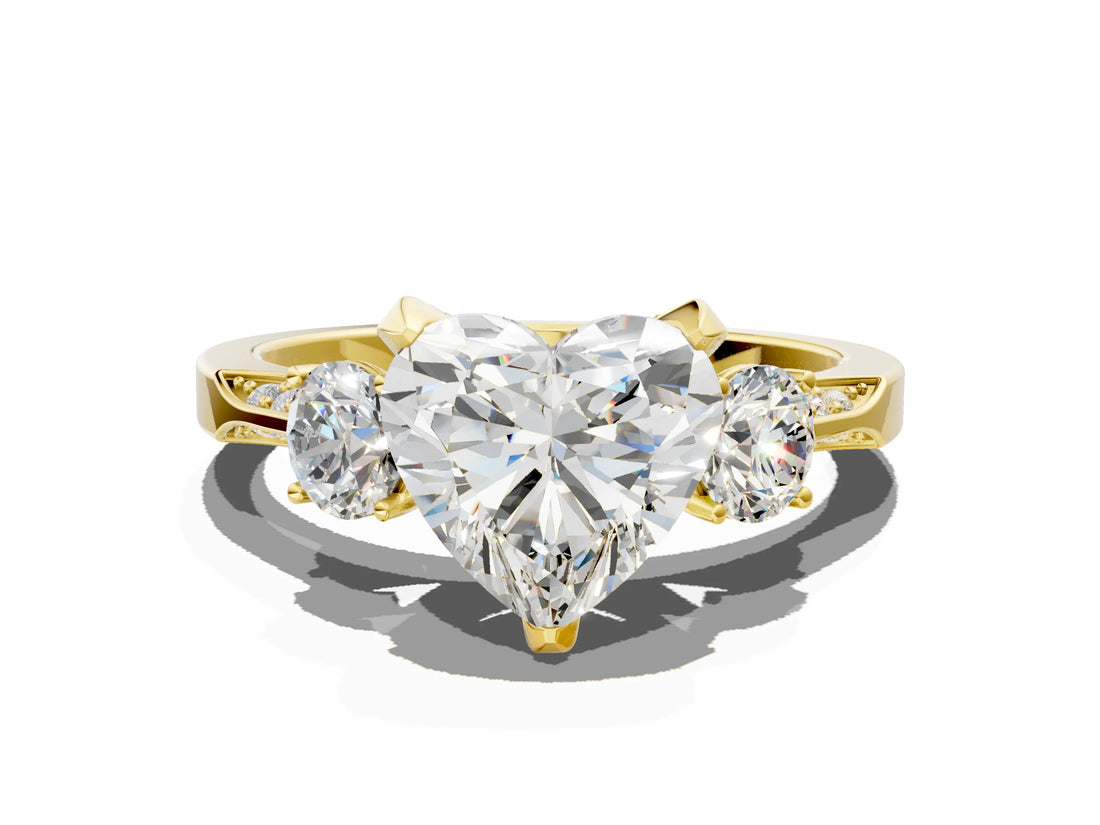 Yellow gold Heart Cut Brilliant Three-Stone Diamond Ring with Pavé Band and Four-Prong Setting_3