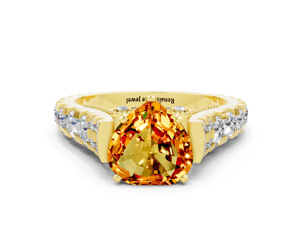 Yellow gold Heart Cut Citrine Classic Solitaire Ring with Pavé Band and Four-Prong Setting