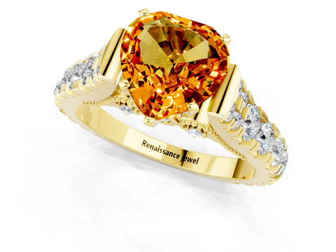 Yellow gold Heart Cut Citrine Classic Solitaire Ring with Pavé Band and Four-Prong Setting_1