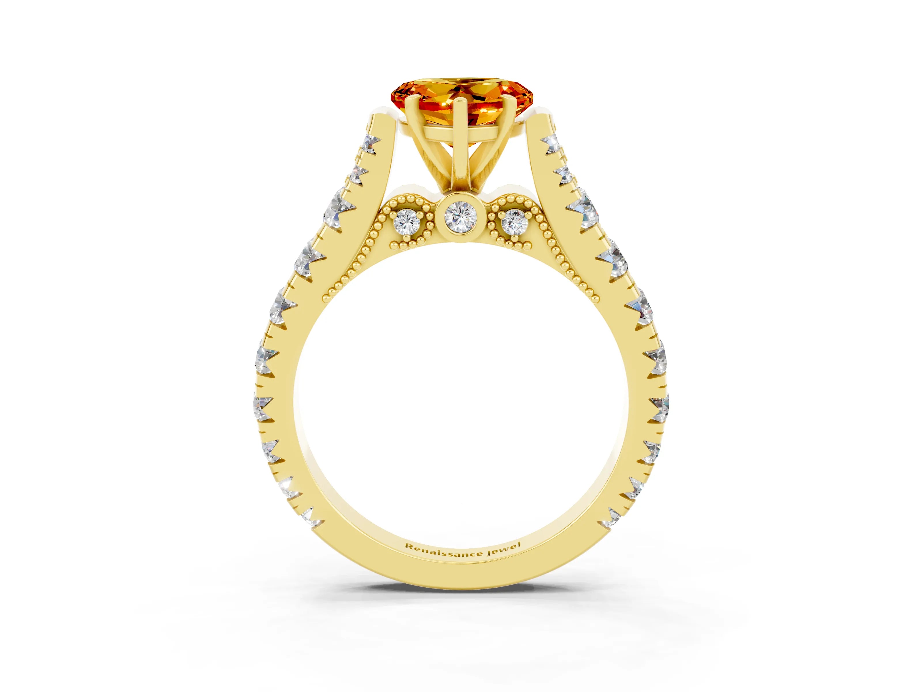 Yellow gold Heart Cut Citrine Classic Solitaire Ring with Pavé Band and Four-Prong Setting_3