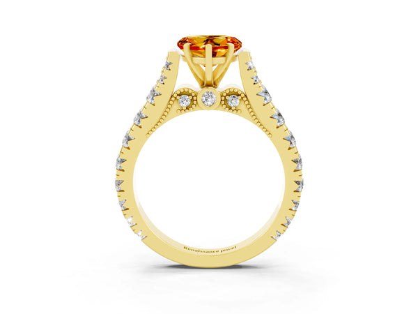 Yellow gold Heart Cut Citrine Classic Solitaire Ring with Pavé Band and Four-Prong Setting