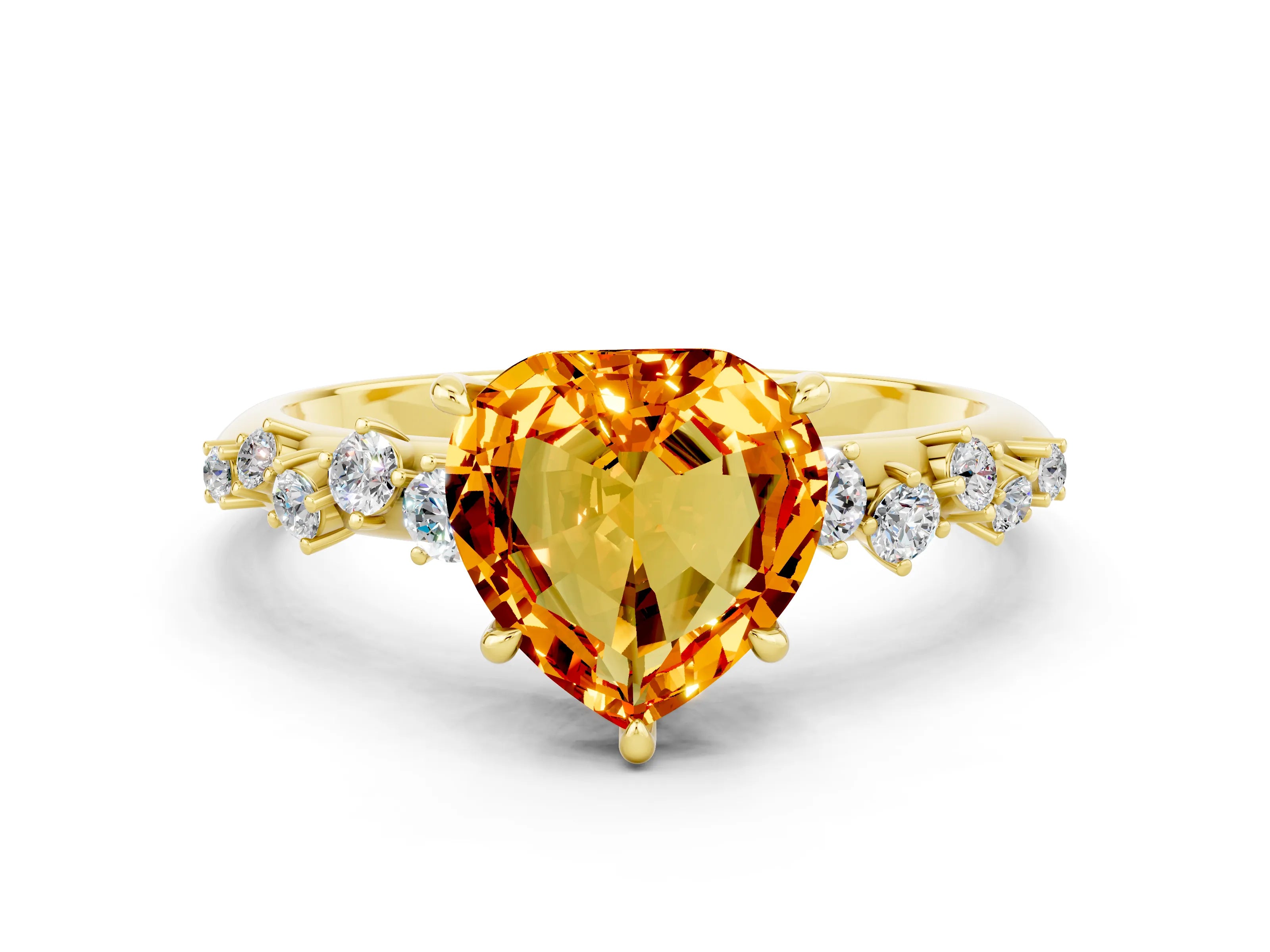 Yellow gold Heart Cut Citrine Cluster Side Stone Solitaire Ring with Prong Setting_24