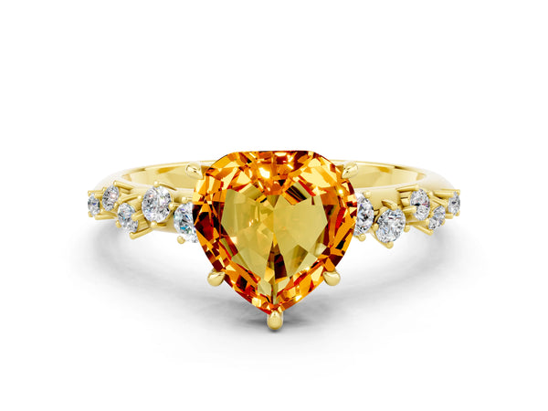 Yellow gold Heart Cut Citrine Cluster Side Stone Solitaire Ring with Prong Setting
