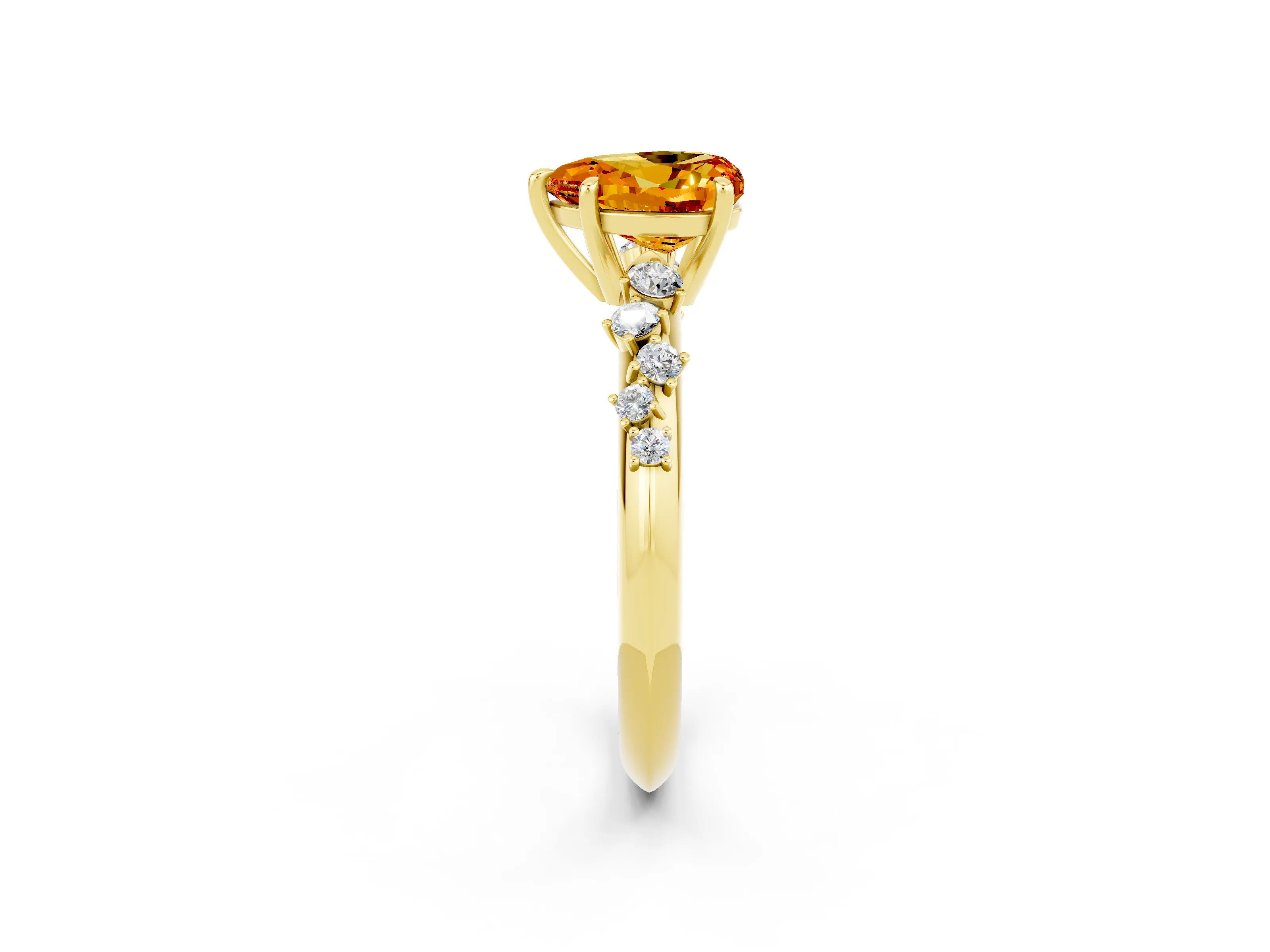 Yellow gold Heart Cut Citrine Cluster Side Stone Solitaire Ring with Prong Setting_26