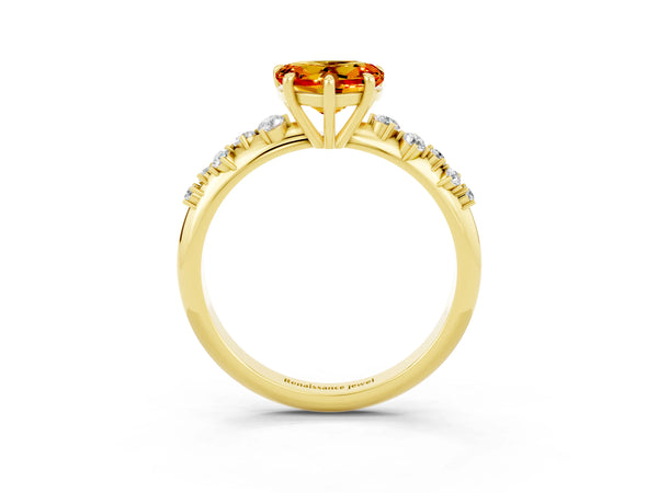 Yellow gold Heart Cut Citrine Cluster Side Stone Solitaire Ring with Prong Setting