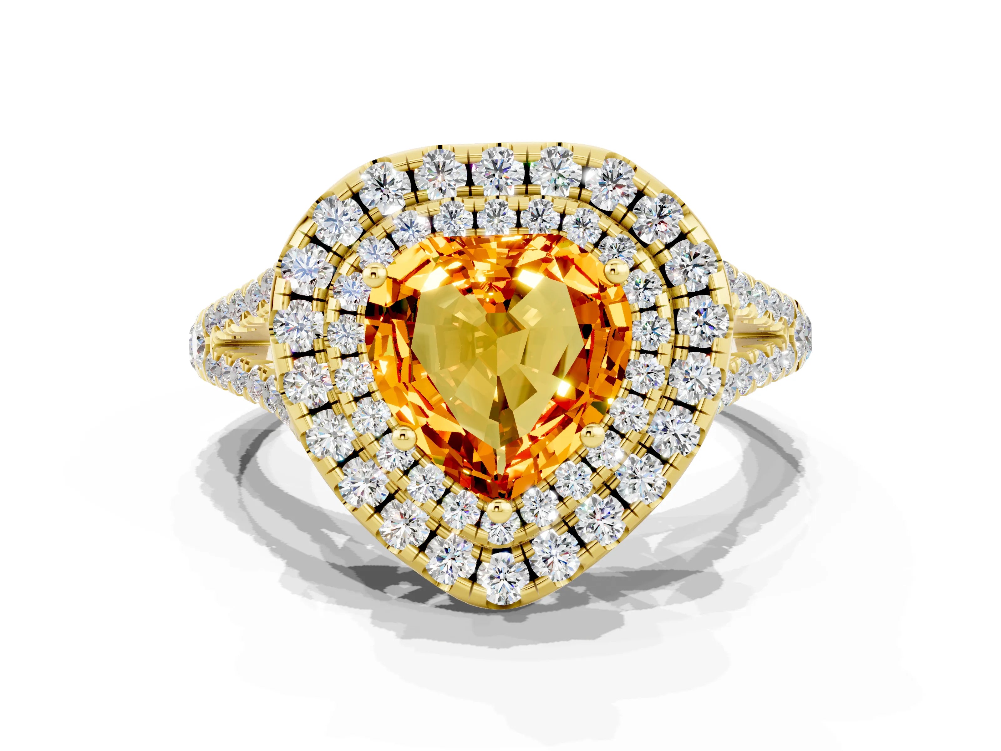 Yellow gold Heart Cut Citrine Double Halo Ring with Pavé Band and Prong Setting_12