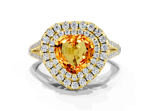 Yellow gold Heart Cut Citrine Double Halo Ring with Pavé Band and Prong Setting_12