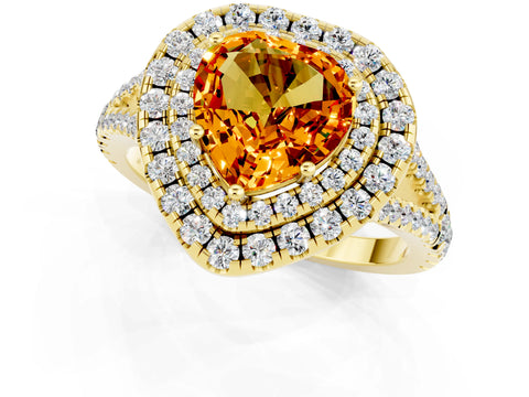 Yellow gold Heart Cut Citrine Double Halo Ring with Pavé Band and Prong Setting_13