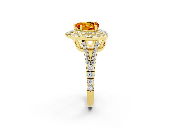 Yellow gold Heart Cut Citrine Double Halo Ring with Pavé Band and Prong Setting