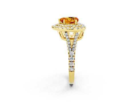 Yellow gold Heart Cut Citrine Double Halo Ring with Pavé Band and Prong Setting_14