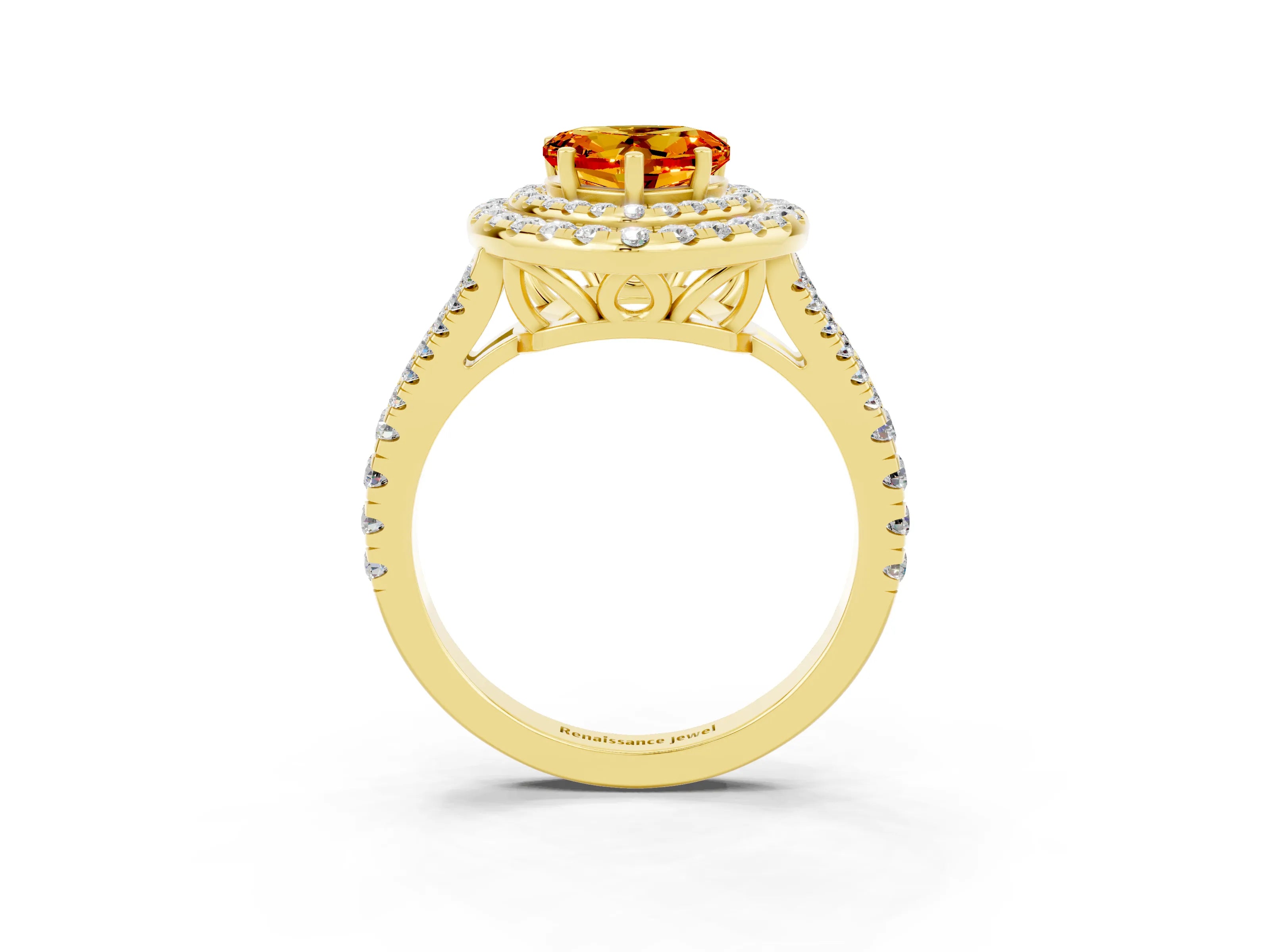 Yellow gold Heart Cut Citrine Double Halo Ring with Pavé Band and Prong Setting_15