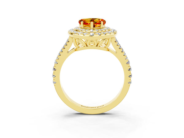 Yellow gold Heart Cut Citrine Double Halo Ring with Pavé Band and Prong Setting