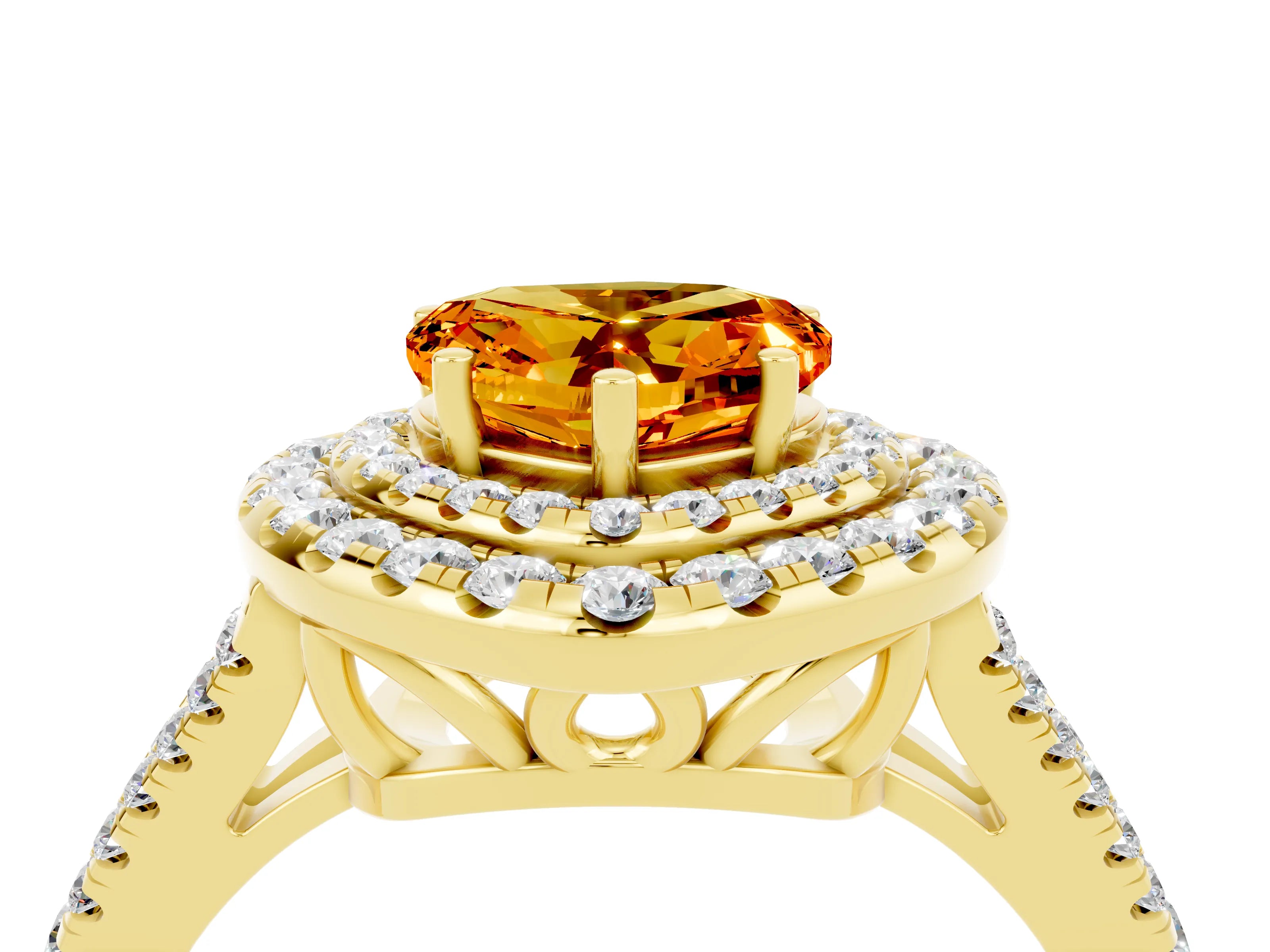 Yellow gold Heart Cut Citrine Double Halo Ring with Pavé Band and Prong Setting_16
