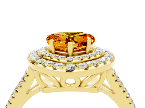 Yellow gold Heart Cut Citrine Double Halo Ring with Pavé Band and Prong Setting_16