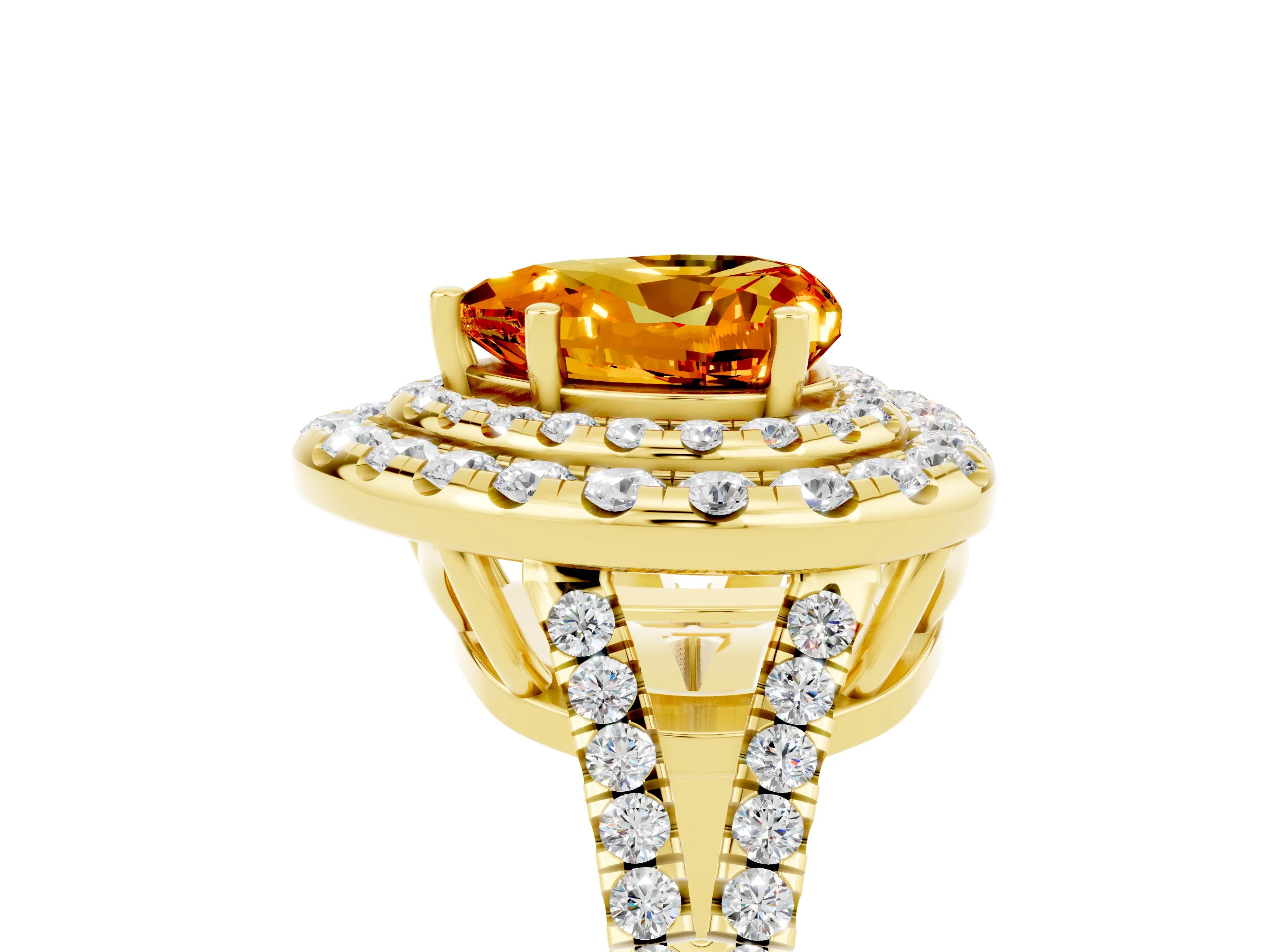 Yellow gold Heart Cut Citrine Double Halo Ring with Pavé Band and Prong Setting_17