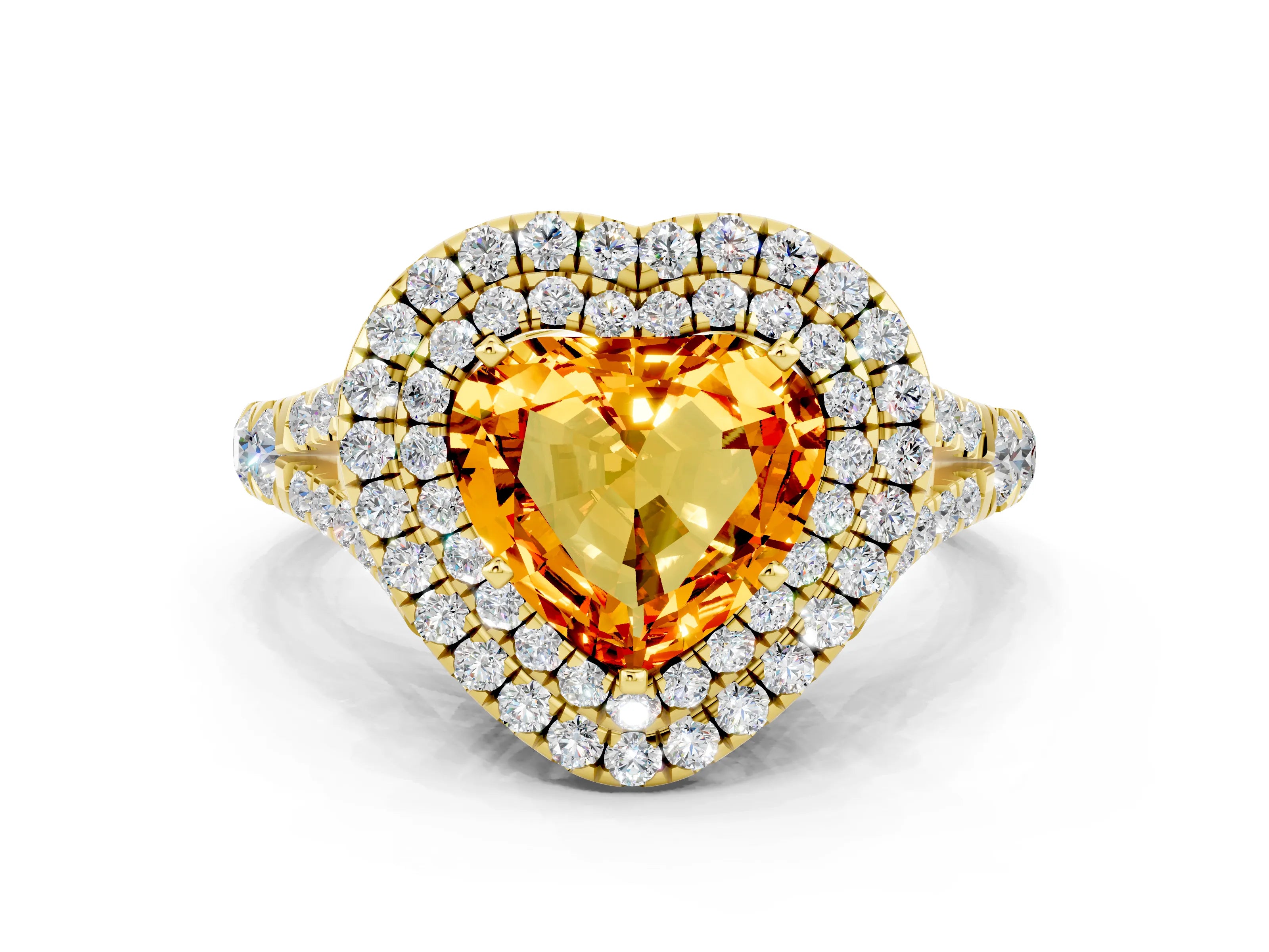 Yellow gold Heart Cut Citrine Double Halo Ring with Split Shank and Prong Setting_12