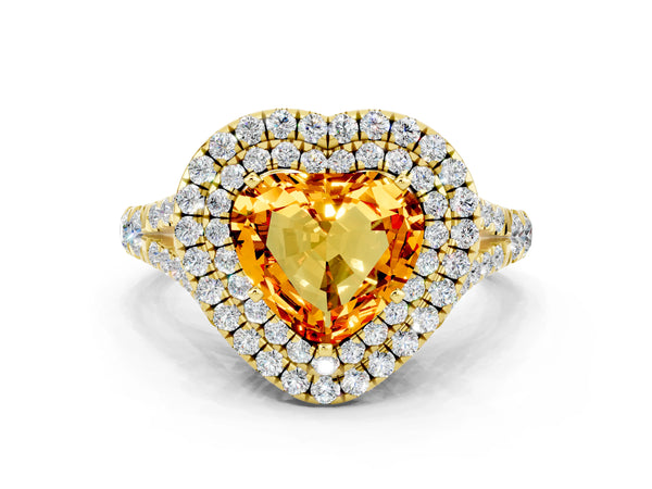 Yellow gold Heart Cut Citrine Double Halo Ring with Split Shank and Prong Setting