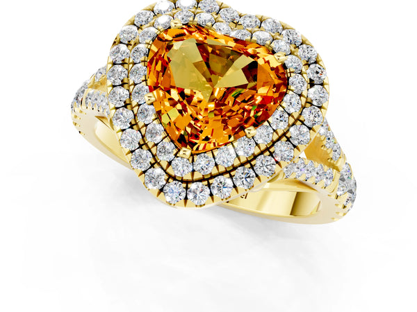Yellow gold Heart Cut Citrine Double Halo Ring with Split Shank and Prong Setting