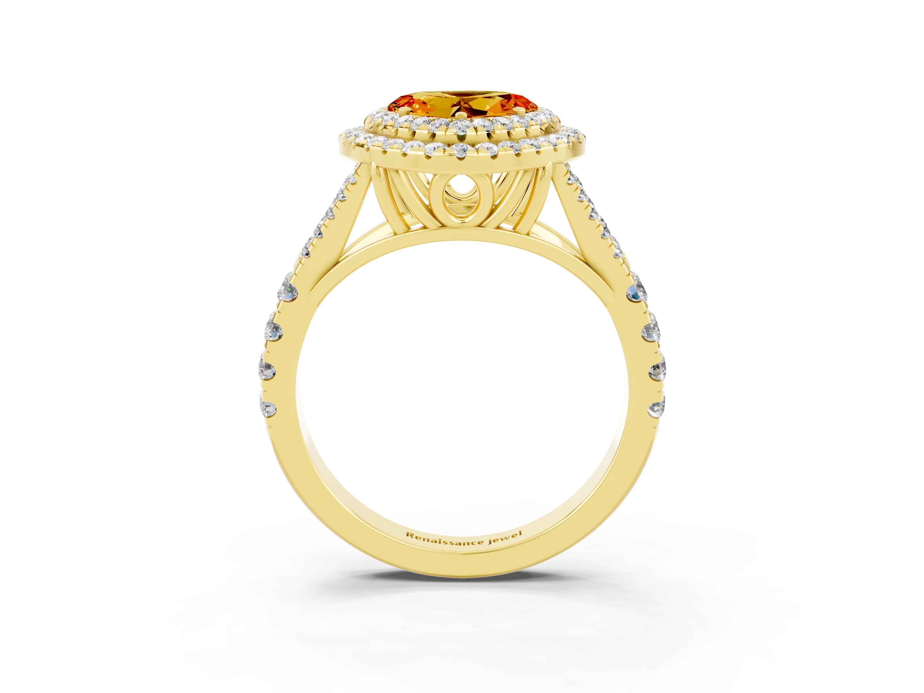 Yellow gold Heart Cut Citrine Double Halo Ring with Split Shank and Prong Setting_15