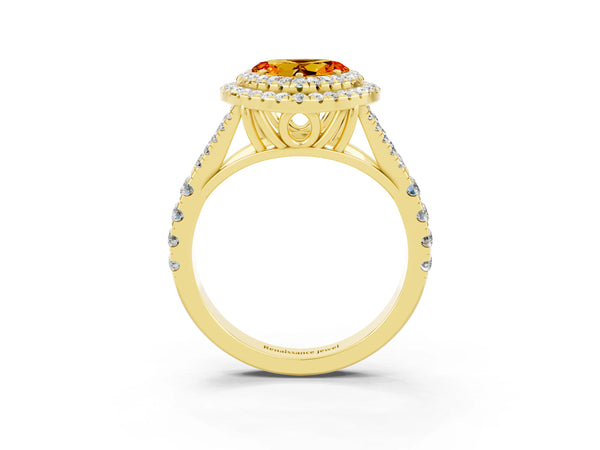 Yellow gold Heart Cut Citrine Double Halo Ring with Split Shank and Prong Setting