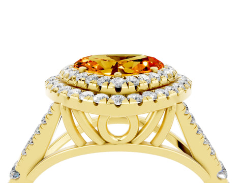 Yellow gold Heart Cut Citrine Double Halo Ring with Split Shank and Prong Setting_16