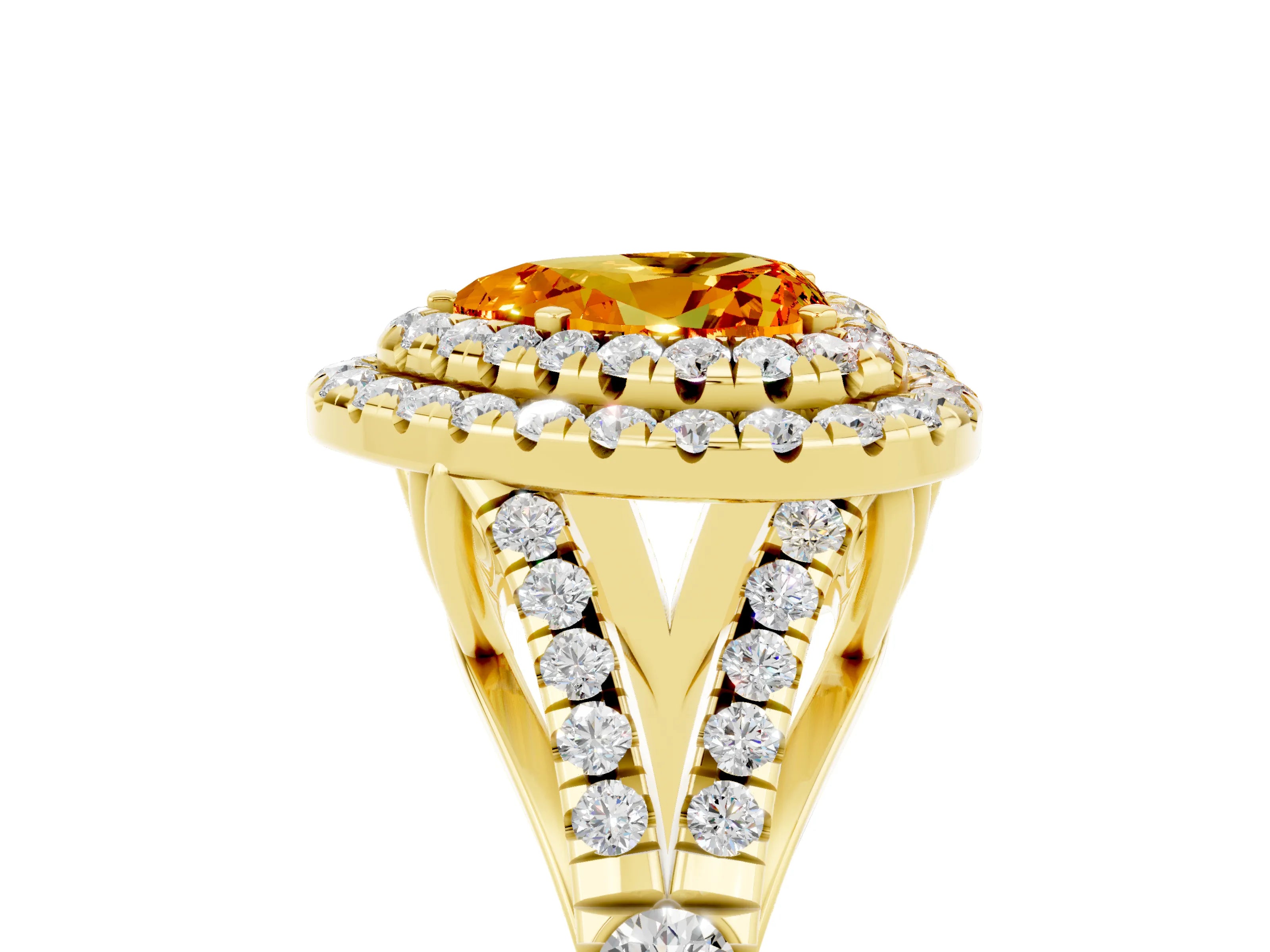 Yellow gold Heart Cut Citrine Double Halo Ring with Split Shank and Prong Setting_17