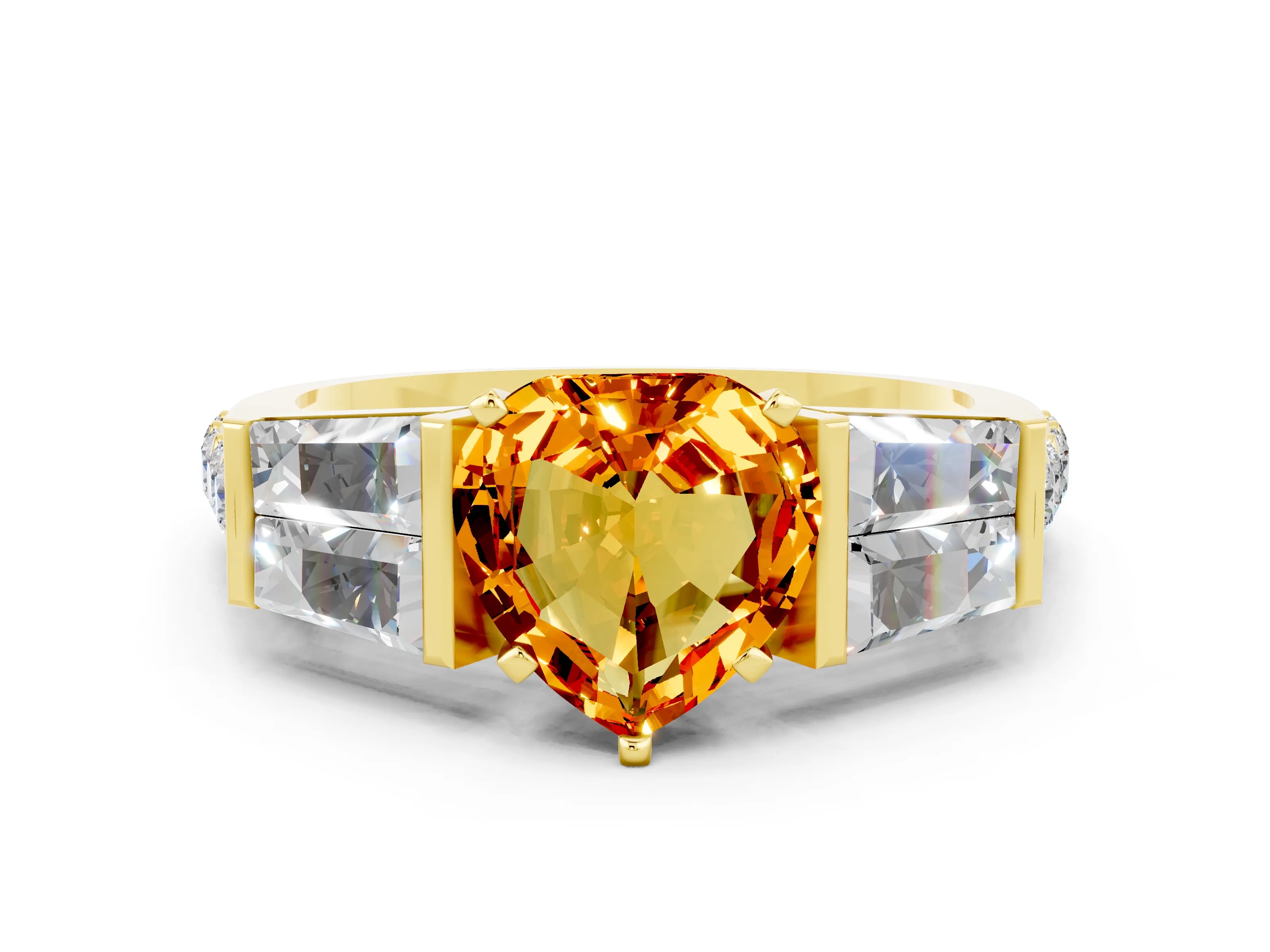 Yellow gold Heart Cut Citrine Engagement Ring with Baguette Side Stones and Channel Set Band