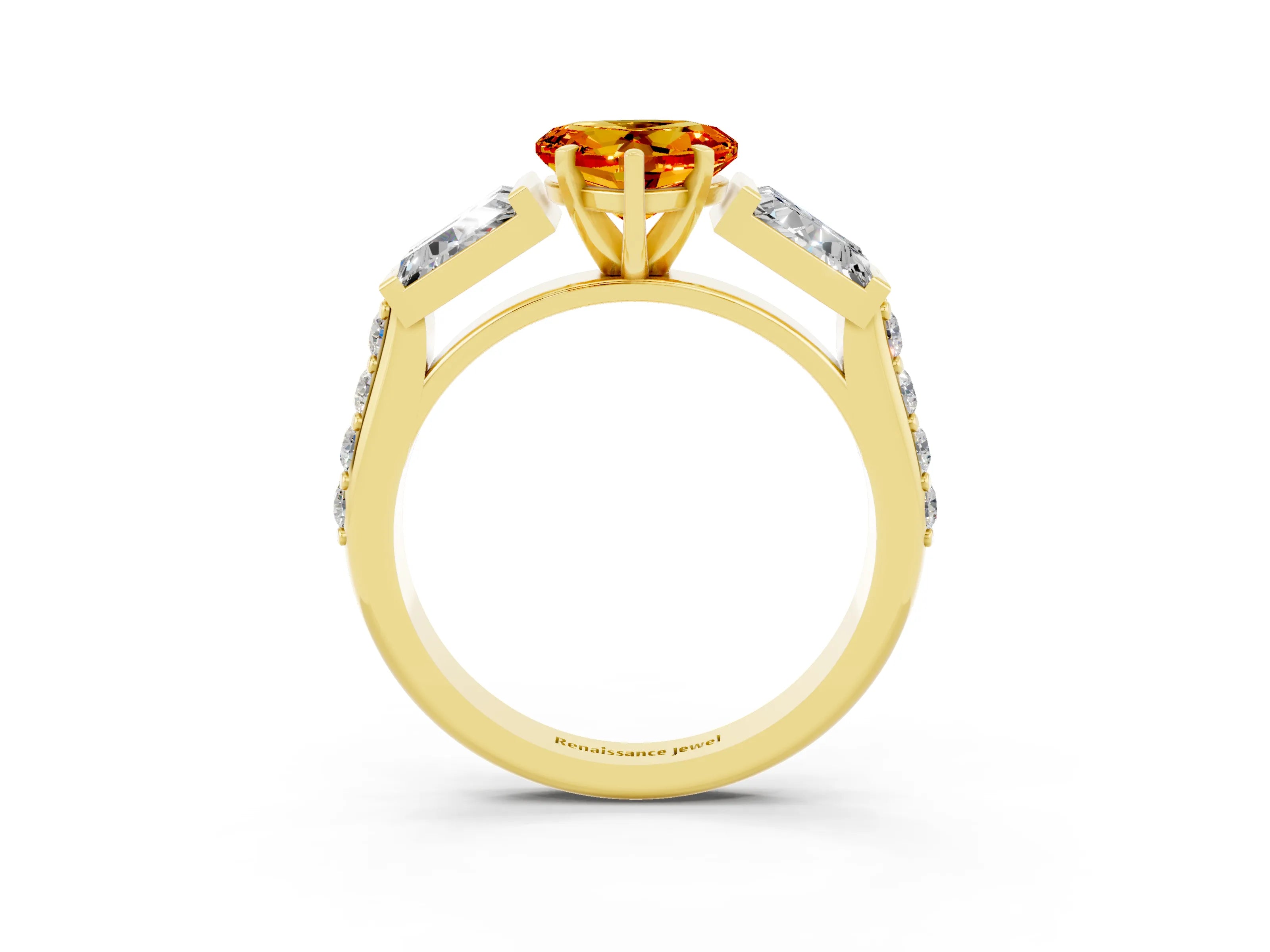 Yellow gold Heart Cut Citrine Engagement Ring with Baguette Side Stones and Channel Set Band_3