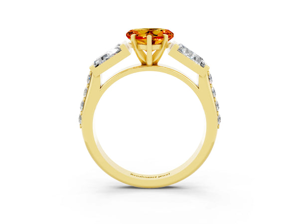 Yellow gold Heart Cut Citrine Engagement Ring with Baguette Side Stones and Channel Set Band