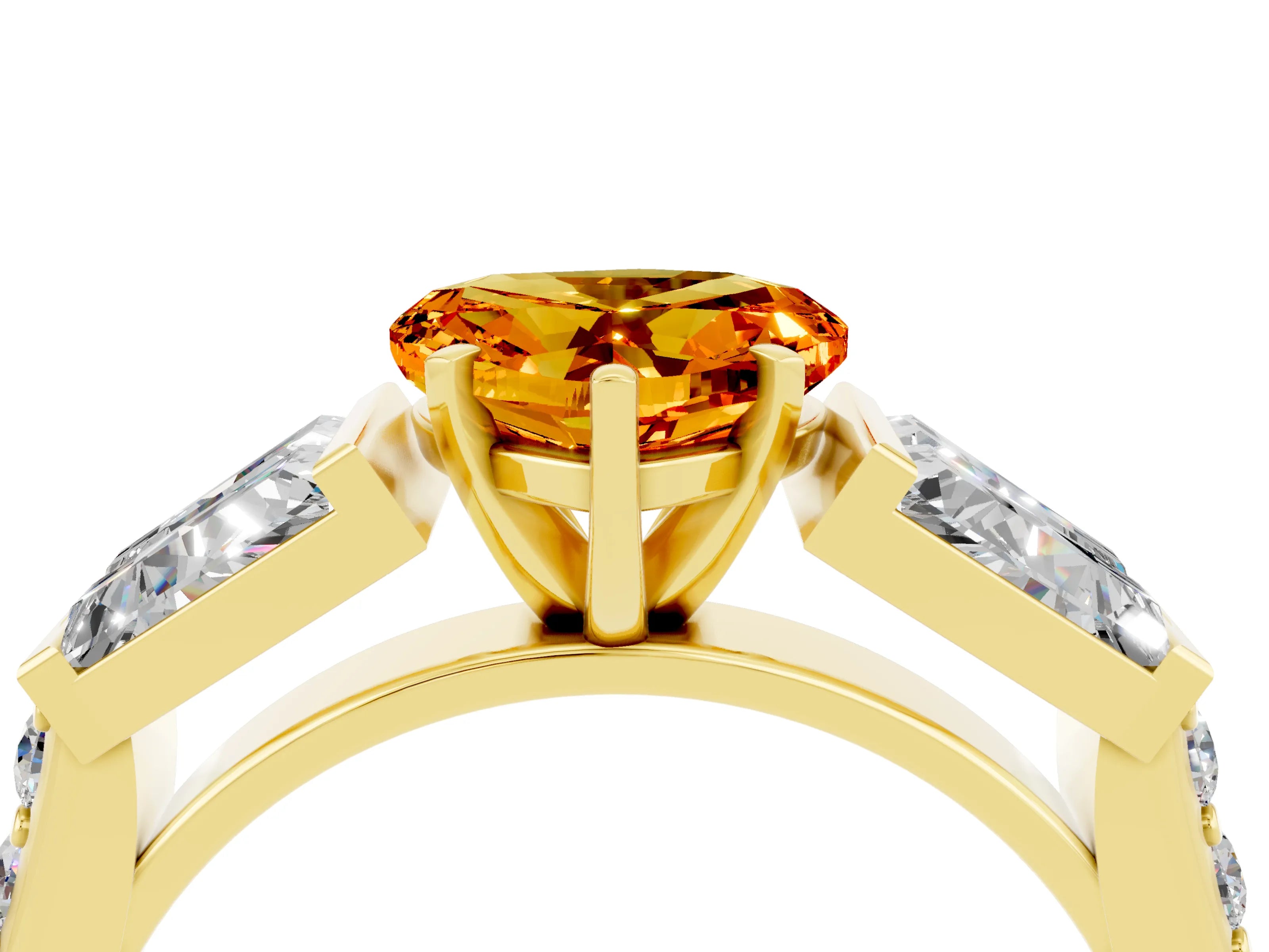 Yellow gold Heart Cut Citrine Engagement Ring with Baguette Side Stones and Channel Set Band_4