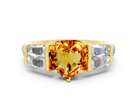 Yellow gold Heart Cut Citrine Engagement Ring with Baguette Side Stones and Channel Set Band