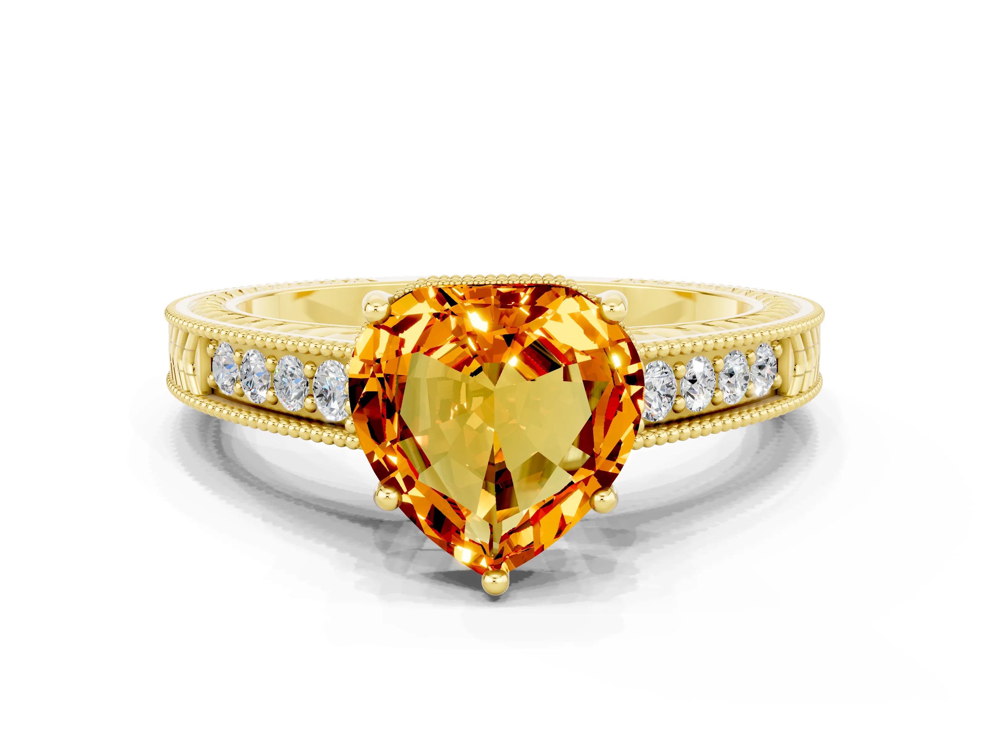 Yellow gold Heart Cut Citrine Engagement Ring with Milgrain Channel Set Band and Prong Setting