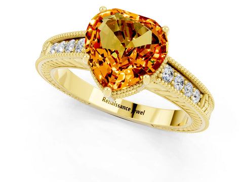 Yellow gold Heart Cut Citrine Engagement Ring with Milgrain Channel Set Band and Prong Setting_1