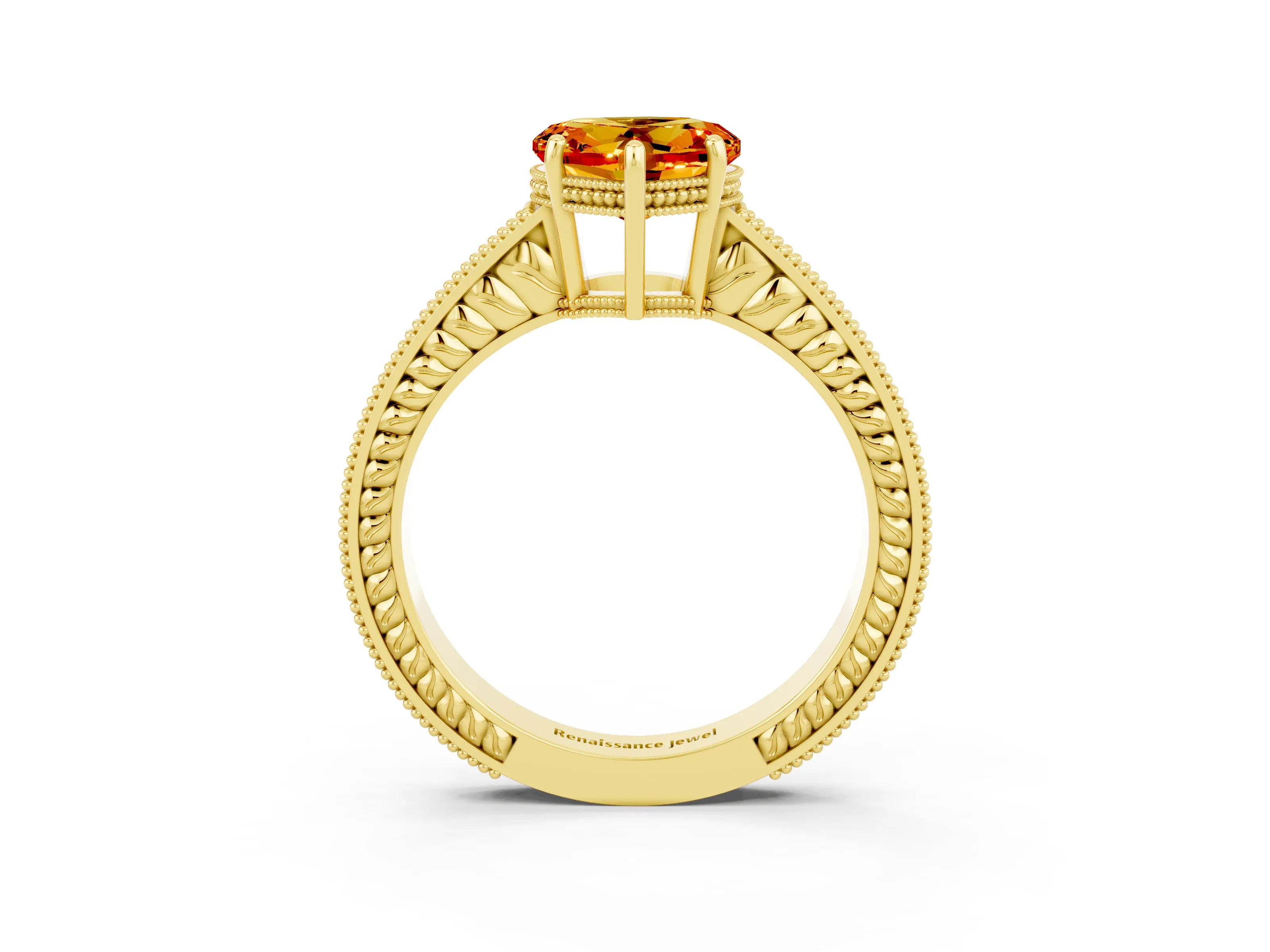 Yellow gold Heart Cut Citrine Engagement Ring with Milgrain Channel Set Band and Prong Setting_3