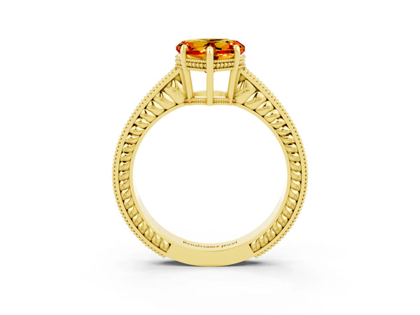 Yellow gold Heart Cut Citrine Engagement Ring with Milgrain Channel Set Band and Prong Setting
