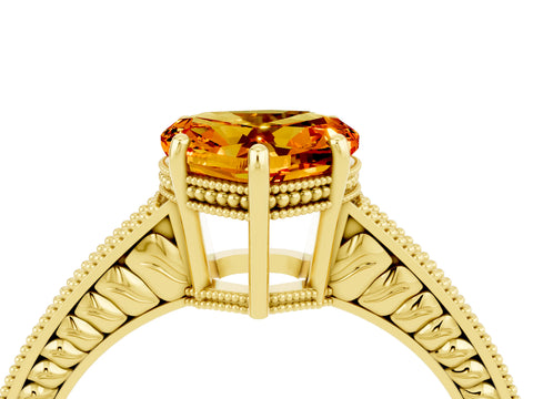 Yellow gold Heart Cut Citrine Engagement Ring with Milgrain Channel Set Band and Prong Setting_4
