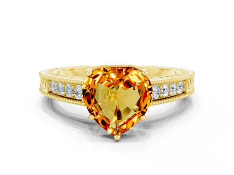 Yellow gold Heart Cut Citrine Engagement Ring with Milgrain Channel Set Band and Prong Setting